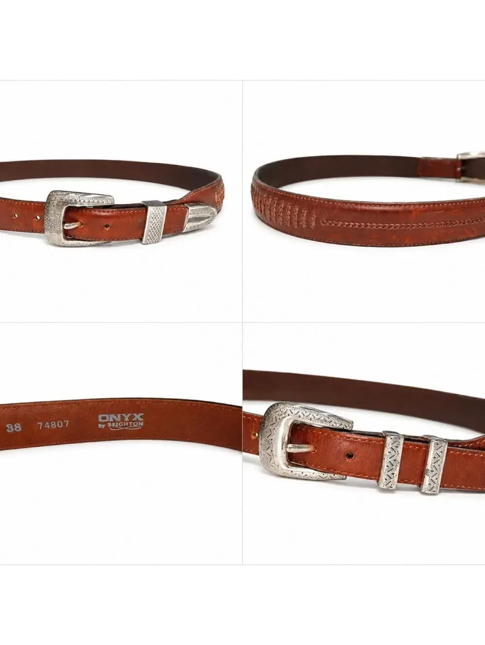 Onyx by Brighton Brown Leather Belt with Silver Buckle and Embossed Details